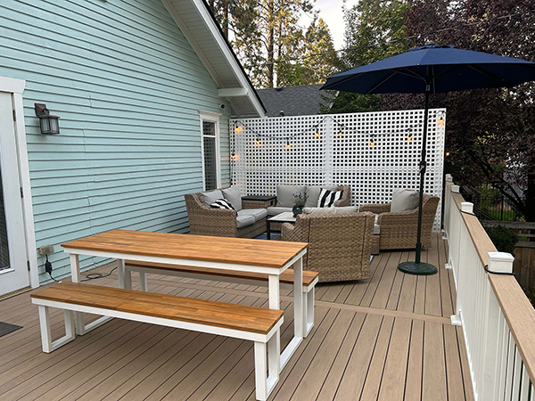 Beautiful custom deck featuring a secluded lounge area.