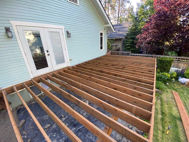 Freshly framed deck prepared for decking installation.