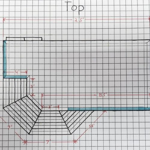 Detailed deck design sketch drawn on graph paper, featuring dimensions, step placement, and handrail plans to ensure precise construction.