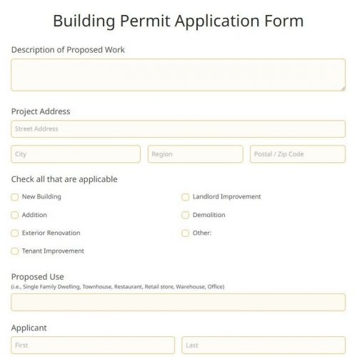 Blank building permit form highlighting fields needed for deck construction permits, including project address, proposed use, and work description.